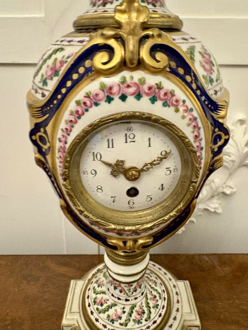 Outstanding Quality Antique French Victorian Hand-Painted Porcelain Urn Mantel Clock